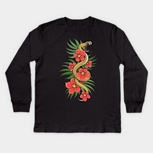 Crawling Snake with flowers and grass Leaves. Kids Long Sleeve T-Shirt